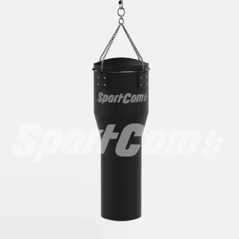 SportCom Echtleder-Uppercut-Sandsack 1,20 m in Schwarz mit Kettenaufhängung, Frontansicht auf hellem Grund