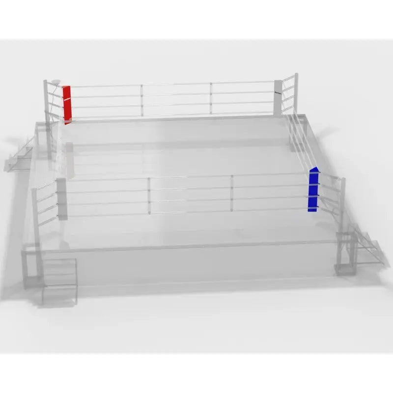 SportCom Eckpolster-Set für Boxringe mit 4 Seilen an einem Bodenring als Rendering mit roter und blauer Ecke