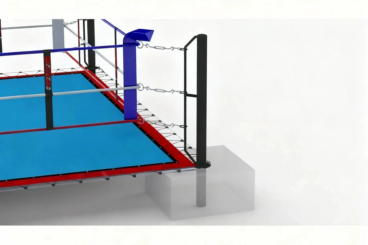 SportCom Ecofix Boxring mit Bodenhülsen, Detail der Ecke mit blauem Boden, roter Kante und im Boden verankertem Pfosten