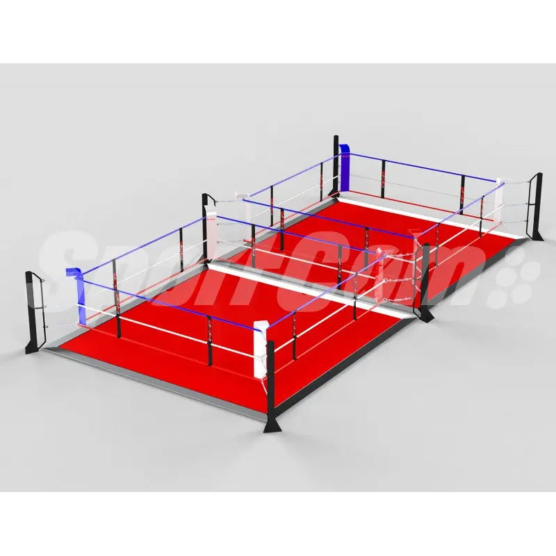 SportCom Ecofix Doppel-Boxring mit Aluminiumrand, Render der Variante 7 x 14 m mit rotem Boden