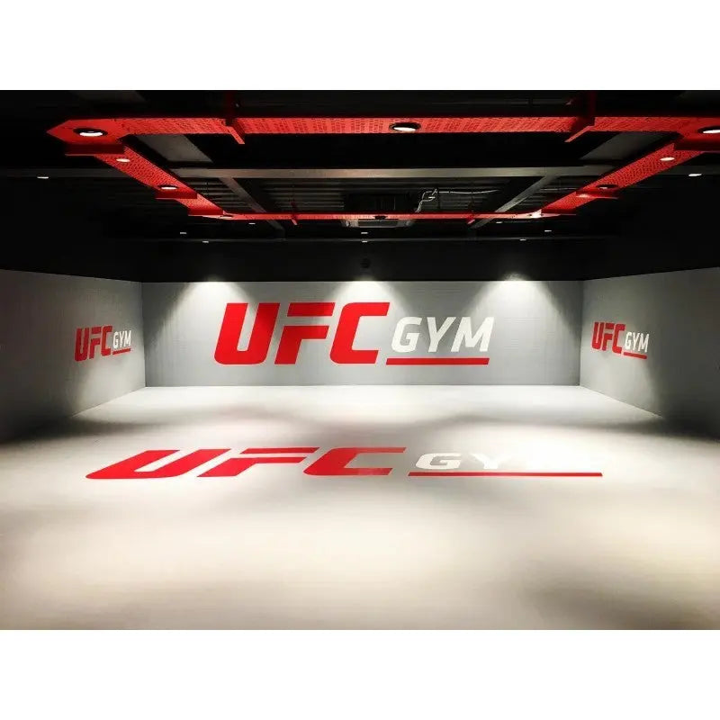 SportCom Flexi-Wall Wandschutz von Dollamur in Hellgrau mit Logo, Frontalblick in den Raum