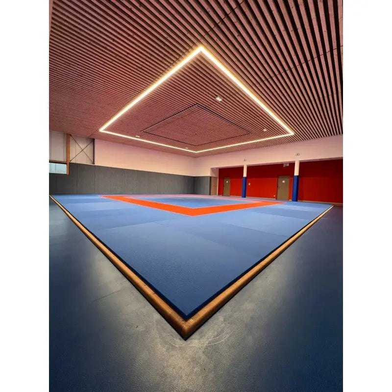 SportCom Judo-Tatami Reisstroh 1 × 1 m, 5 cm, rutschfeste Unterseite, blaue Fläche mit rotem Rand unter einem Lichtrahmen