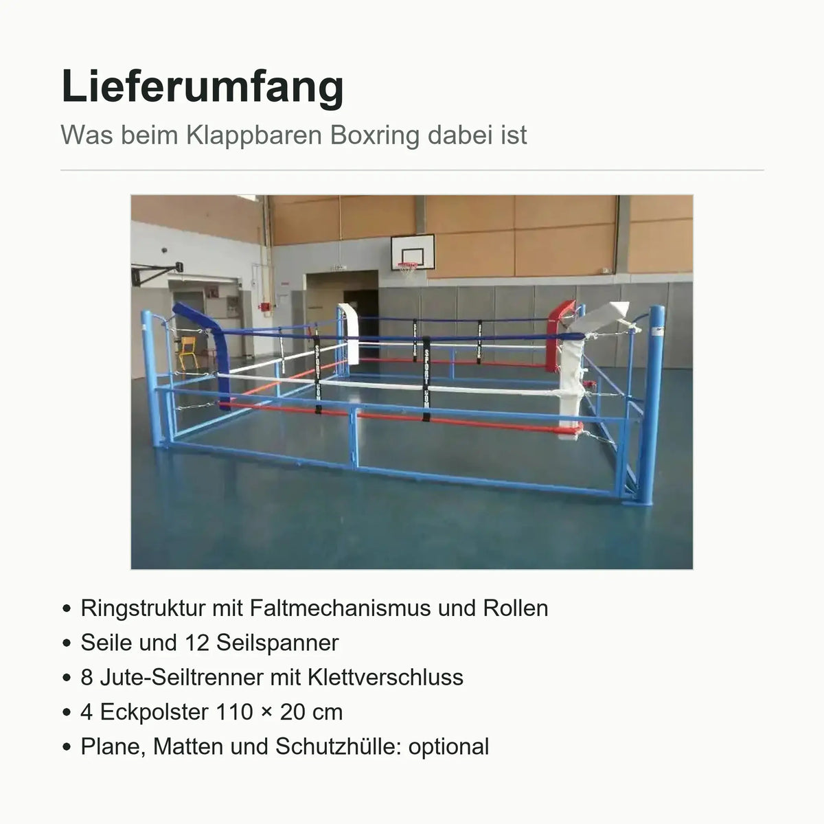 SportCom Klappbarer Boxring mit Übersicht zum Lieferumfang in der Sporthalle