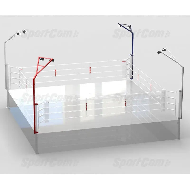 SportCom LED-Beleuchtung für Boxringe, Schrägansicht mit Lichtmasten an zwei Ecken eines Boxrings