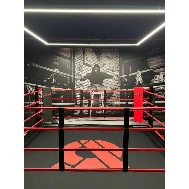 SportCom Pro-Trainingsboxring mit 30 cm Podium, mit roten Seilen und Wandbild, Blick in die Ecke