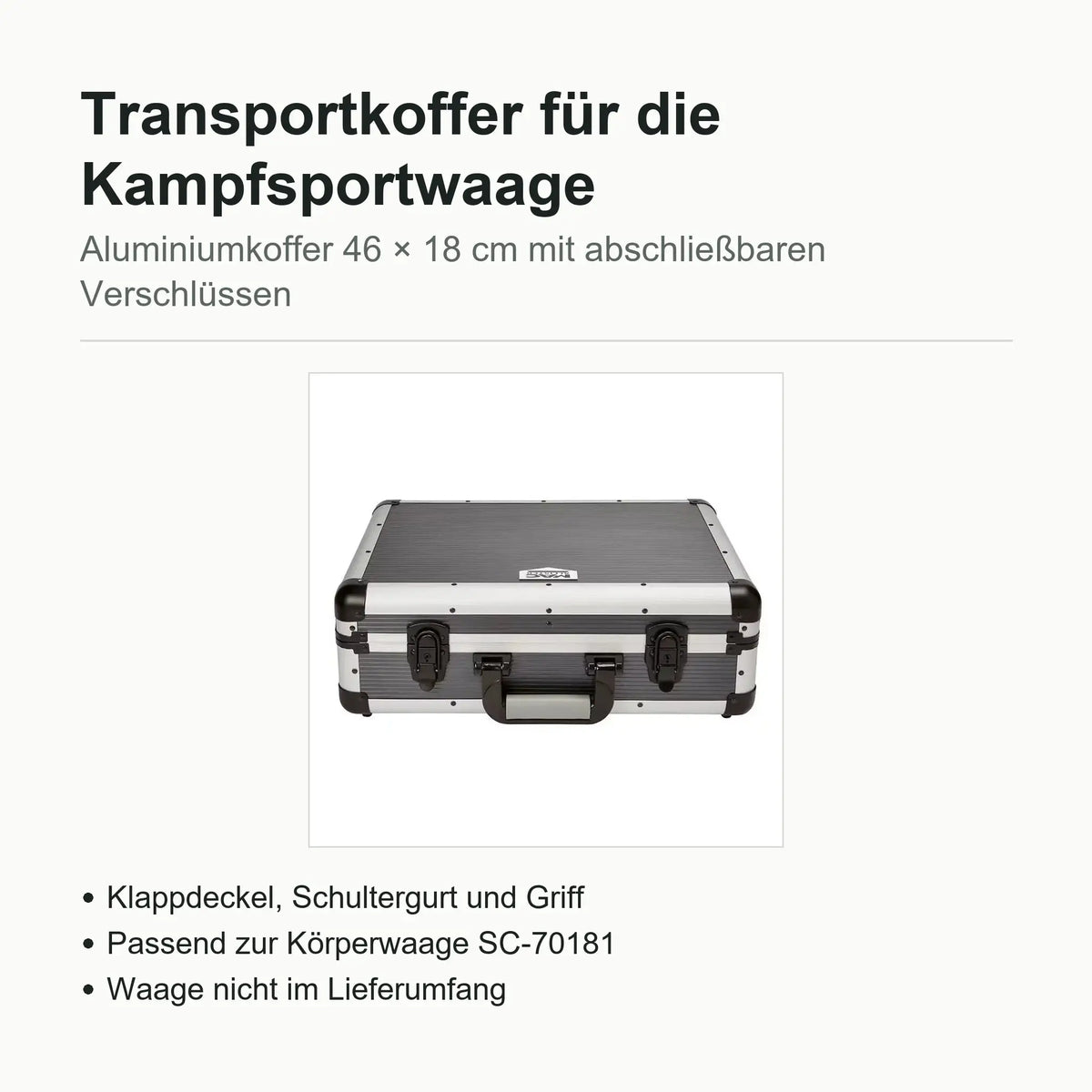 SportCom Transporttasche für Kampfsportwaage als Infografik mit Produktbild und Stichpunkten