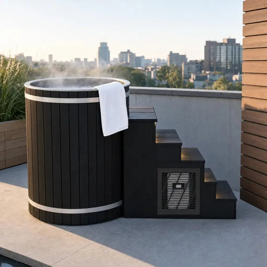 Swedish Cold Nordic Tub Eisbad – auf einer Dachterrasse vor Stadtkulisse, mit Handtuch und dampfendem Wasser