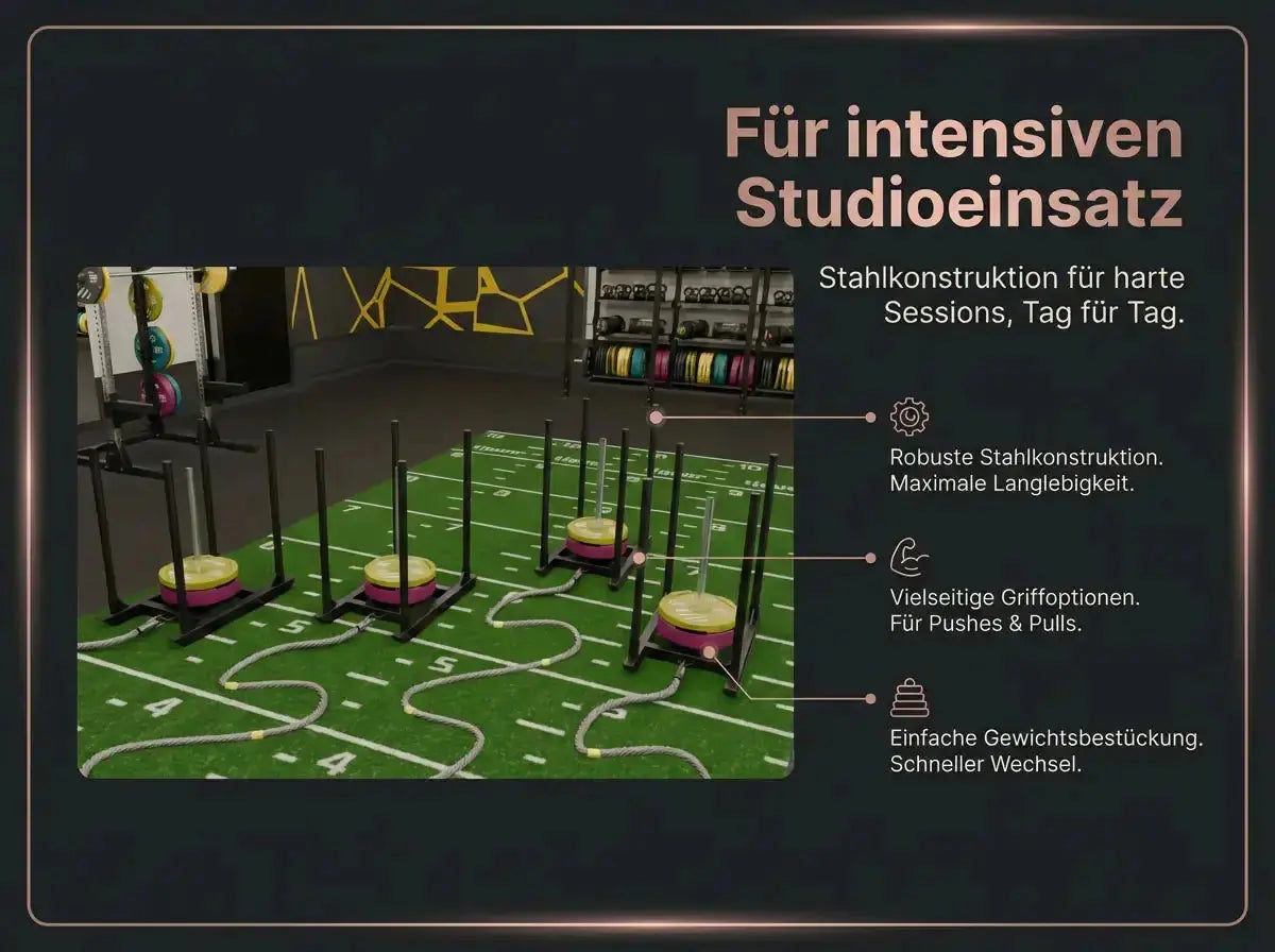 tiguar 4RACE Training Sled als Grafik mit Studioansicht auf Kunstrasen und Merkmalliste