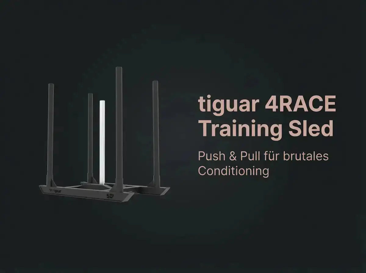 tiguar 4RACE Training Sled auf dunkler Grafik mit Produktname und Einsatzzweck Push und Pull