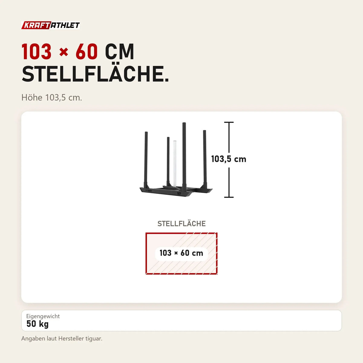 Maßbild tiguar 4RACE Training Sled: Stellfläche 103 × 60 cm, Höhe 103,5 cm