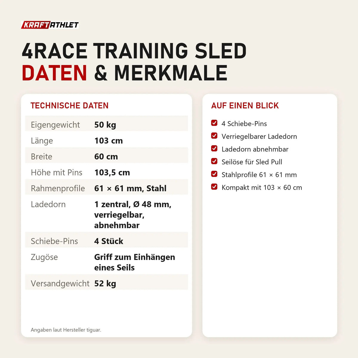 Technische Daten und Merkmale von tiguar 4RACE Training Sled als Tabelle