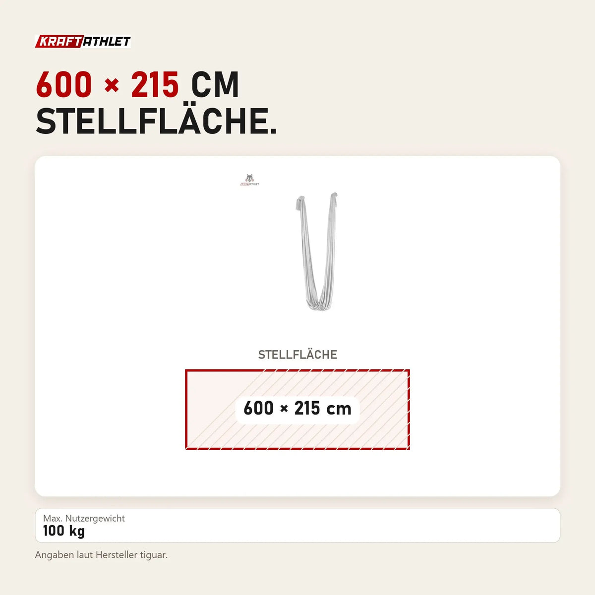 Maßbild tiguar Aerial Hammock 6 m Grau Aerial-Yoga-Tuch: Stellfläche 600 × 215 cm