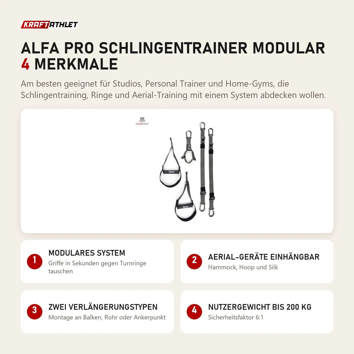 tiguar Alfa PRO Schlingentrainer modular mit 4 Merkmalen: Modulares System, Aerial-Geräte einhängbar, Zwei Verlängerungstypen, Nutzergewicht bis 200 kg