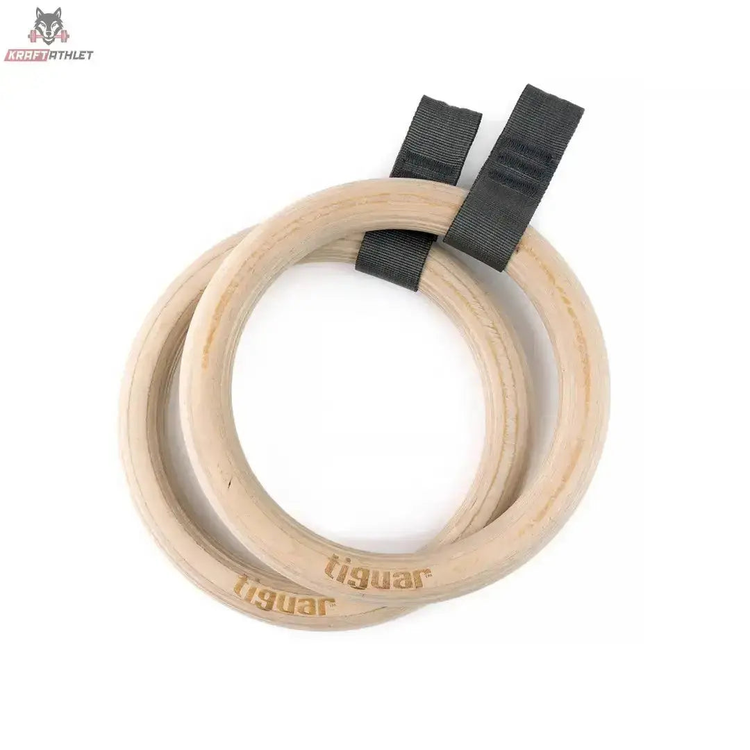tiguar Alfa Turnringe Gurtringe mit Gummigriff, Ringpaar aus Holz mit schwarzen Gurtschlaufen, Frontansicht