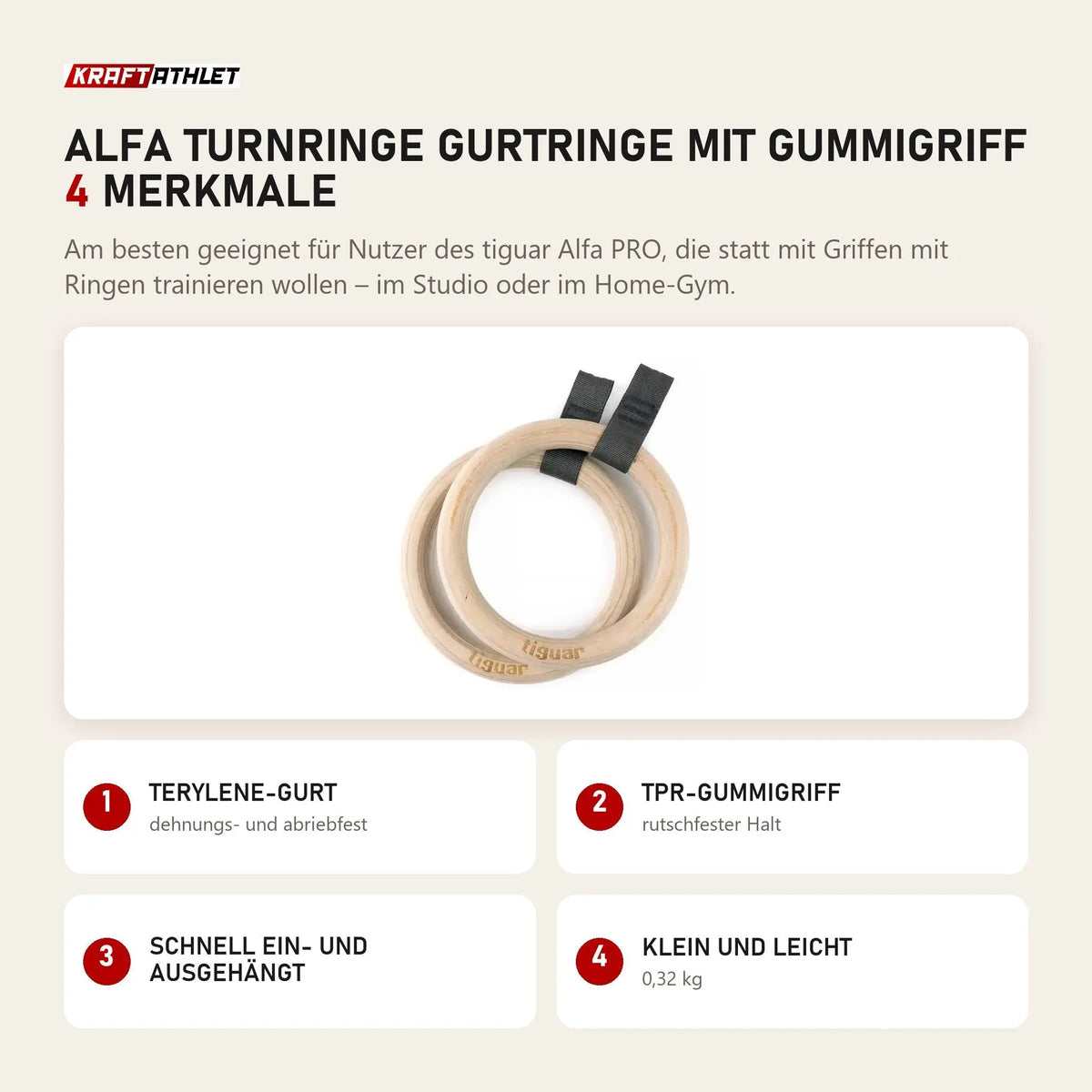 tiguar Alfa Turnringe Gurtringe mit Gummigriff mit 4 Merkmalen: Terylene-Gurt, TPR-Gummigriff, Schnell ein- und ausgehängt, Klein und leicht