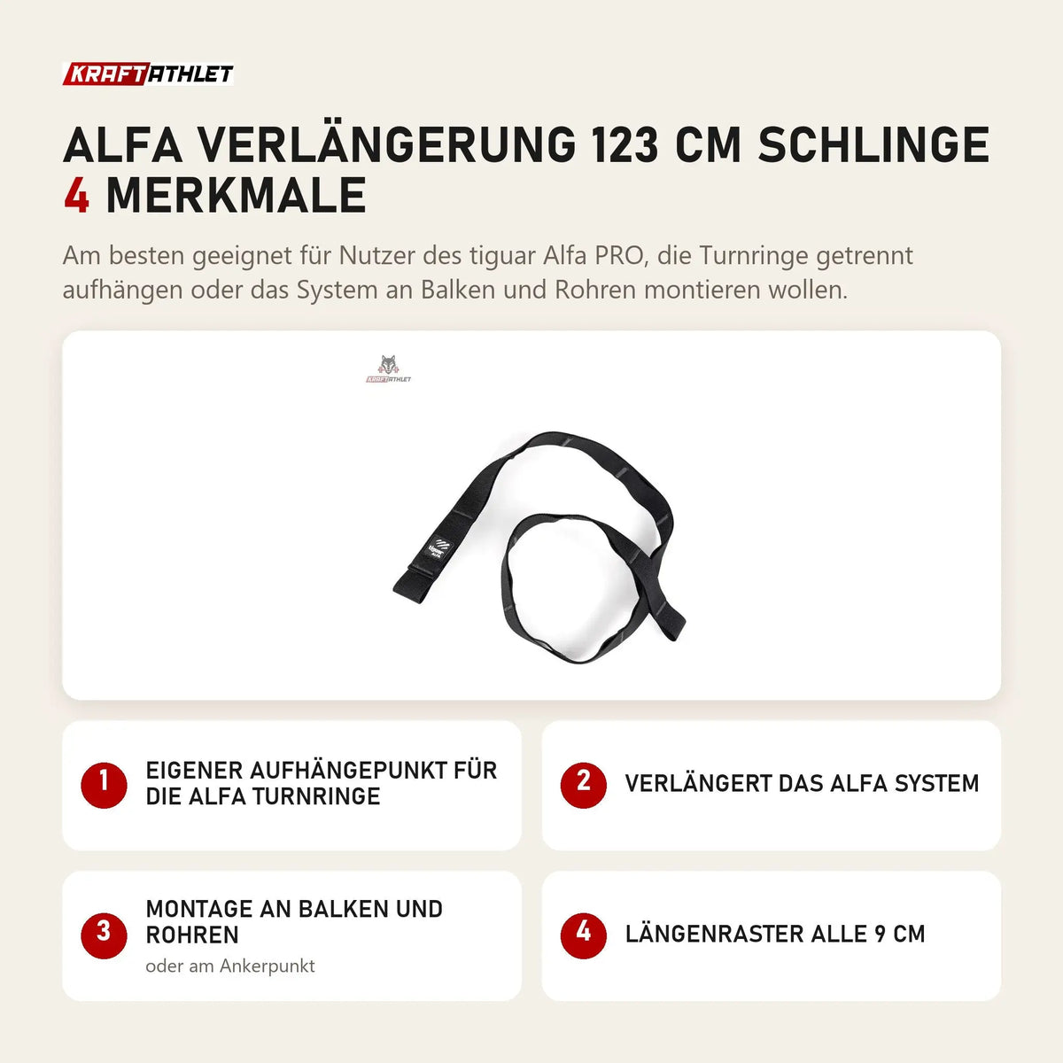 tiguar Alfa Verlängerung 123 cm Schlinge mit 4 Merkmalen: Eigener Aufhängepunkt für die Alfa Turnringe, Verlängert das Alfa System, Montage an Balken und Rohren, Längenraster alle 9 cm