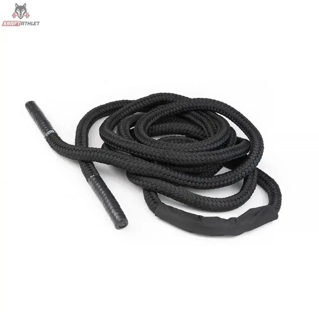 tiguar Battle Rope V2 Trainingsseil in Schwarz, ausgelegt mit Schutzhülle in der Mitte, Draufsicht