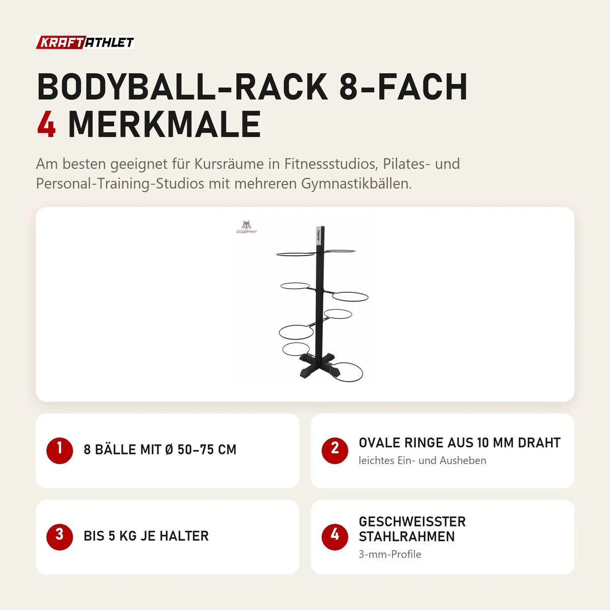 tiguar Bodyball-Rack 8-fach mit 4 Merkmalen: 8 Bälle mit Ø 50–75 cm, Ovale Ringe aus 10 mm Draht, Bis 5 kg je Halter, Geschweißter Stahlrahmen