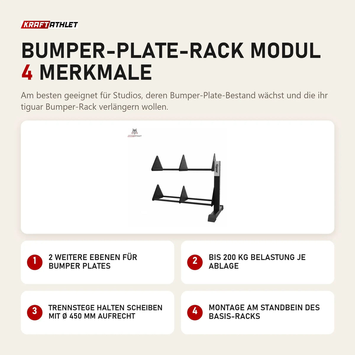 tiguar Bumper-Plate-Rack Modul mit 4 Merkmalen: 2 weitere Ebenen für Bumper Plates, Bis 200 kg Belastung je Ablage, Trennstege halten Scheiben mit Ø 450 mm aufrecht, Montage am Standbein des Basis-Racks