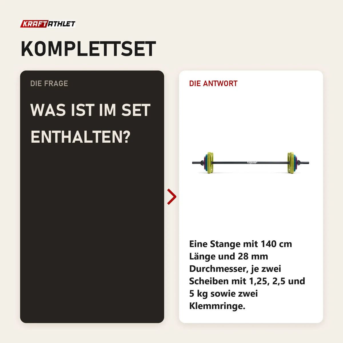 Frage und Antwort zu tiguar Butterfly Fitness-Langhantel-Set PU V2: Was ist im Set enthalten?