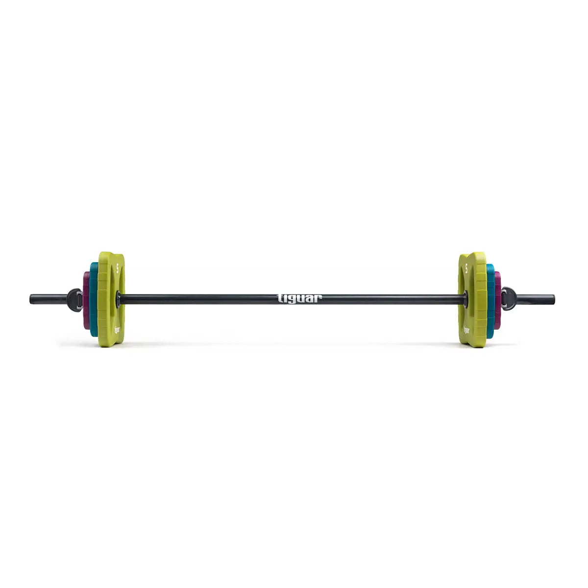 tiguar Butterfly Fitness-Langhantel-Set PU V2, Seitenansicht der beladenen Stange mit bunten Gewichtsscheiben