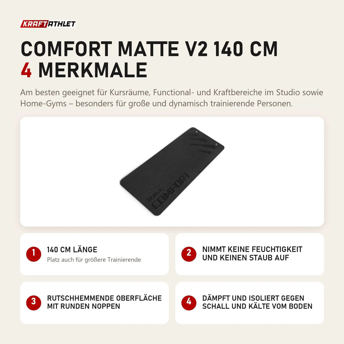 tiguar Comfort Matte V2 140 cm mit 4 Merkmalen: 140 cm Länge, Nimmt keine Feuchtigkeit und keinen Staub auf, Rutschhemmende Oberfläche mit runden Noppen, Dämpft und isoliert gegen Schall und Kälte vom Boden
