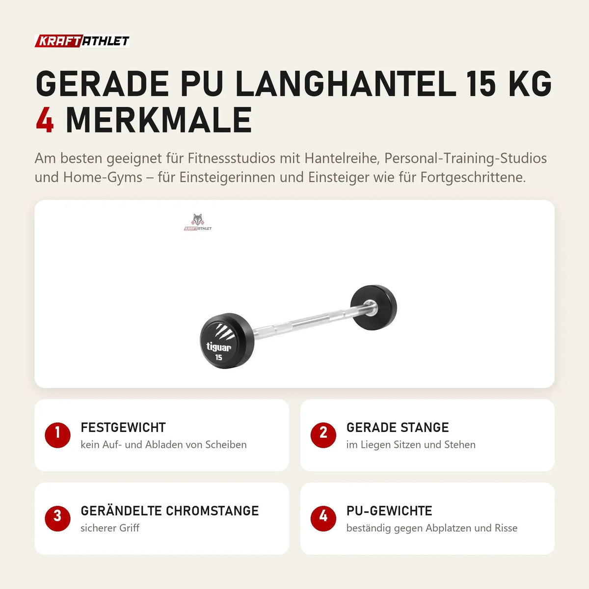tiguar Gerade PU Langhantel 15 kg mit 4 Merkmalen: Festgewicht, Gerade Stange, Gerändelte Chromstange, PU-Gewichte