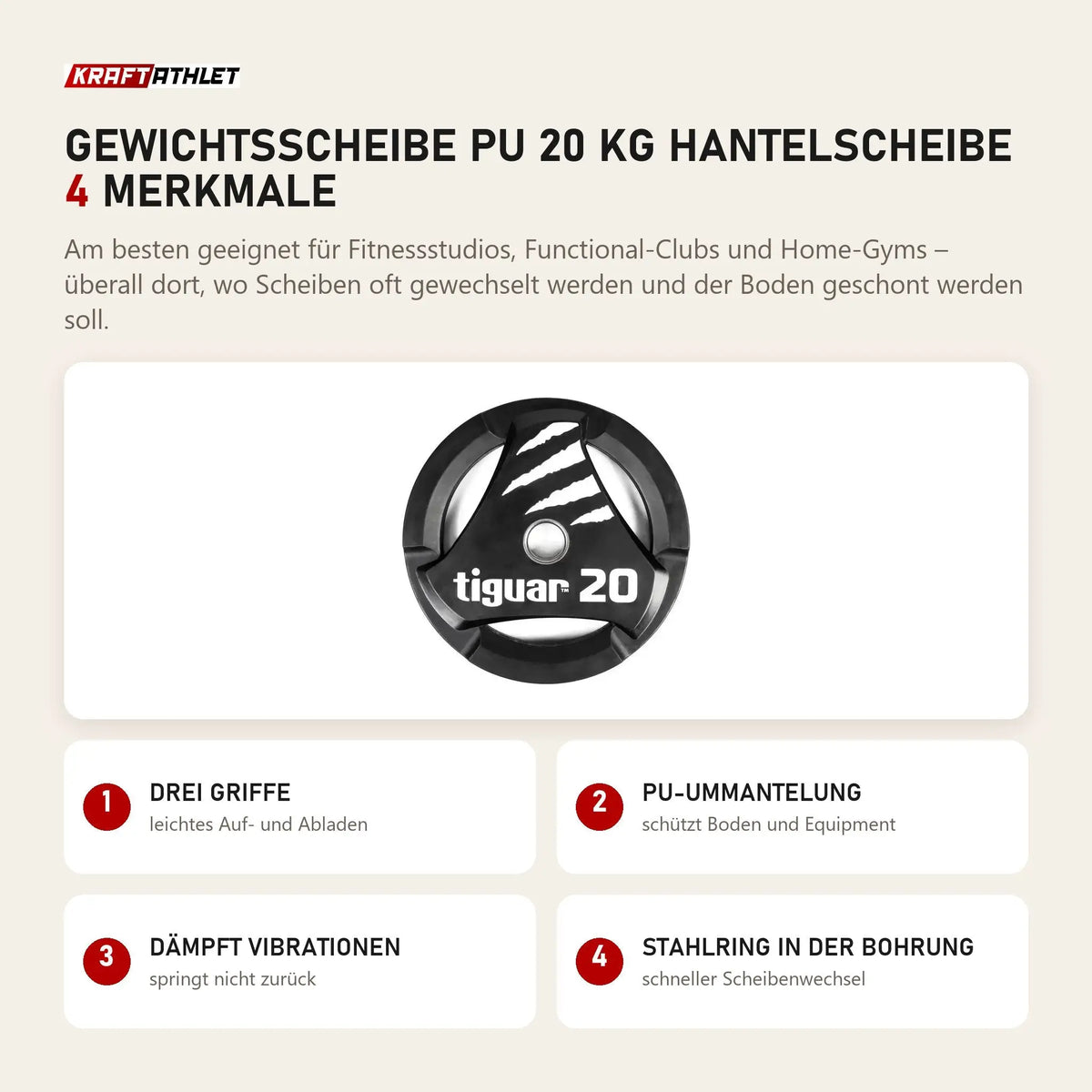tiguar Gewichtsscheibe PU 20 kg Hantelscheibe mit 4 Merkmalen: Drei Griffe, PU-Ummantelung, Dämpft Vibrationen, Stahlring in der Bohrung