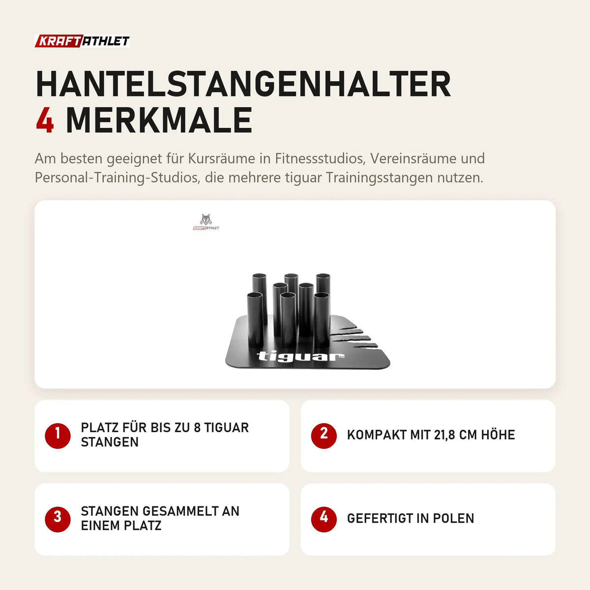 tiguar Hantelstangenhalter mit 4 Merkmalen: Platz für bis zu 8 Stangen, Kompakt mit 21,8 cm Höhe, Stangen gesammelt an einem Platz, Gefertigt in Polen