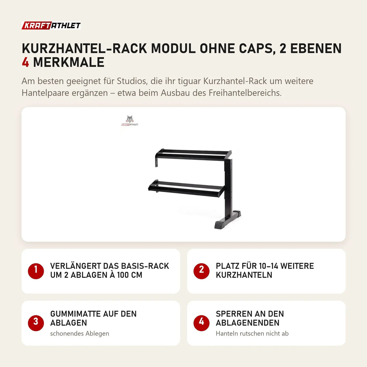 tiguar Kurzhantel-Rack Modul ohne Caps, 2 Ebenen mit 4 Merkmalen: Verlängert das Basis-Rack um 2 Ablagen à 100 cm, Platz für 10–14 weitere Kurzhanteln, Gummimatte auf den Ablagen, Sperren an den Ablagenenden