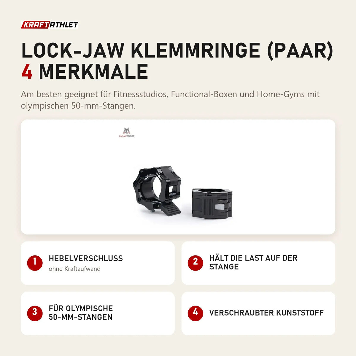 tiguar Lock-Jaw Klemmringe (Paar) mit 4 Merkmalen: Hebelverschluss, Hält die Last auf der Stange, Für olympische 50-mm-Stangen, Verschraubter Kunststoff