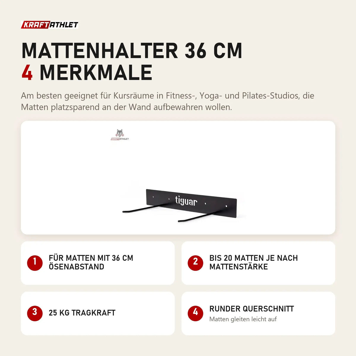 tiguar Mattenhalter 36 cm mit 4 Merkmalen: Für Matten mit 36 cm Ösenabstand, Bis 20 Matten je nach Mattenstärke, 25 kg Tragkraft, Runder Querschnitt