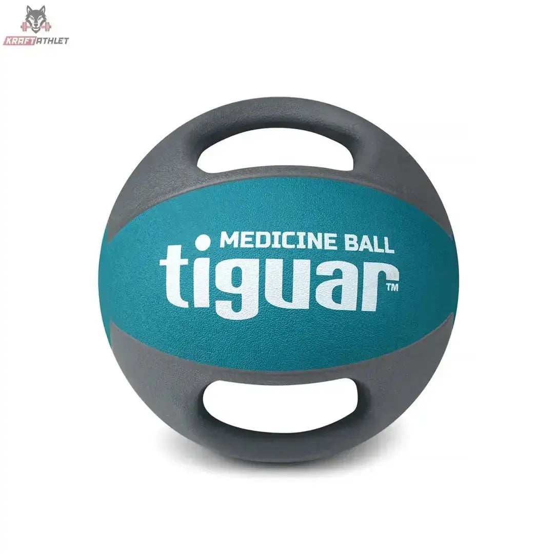 tiguar Medizinball Dual Grip 6 kg mit Griffen, Frontansicht mit Petrol-Mittelband und zwei Griffen