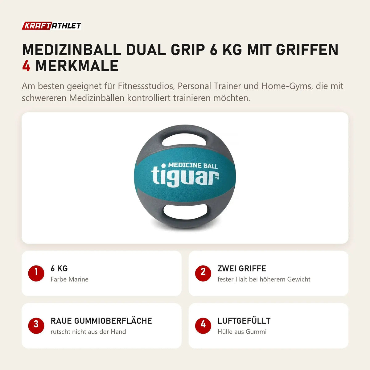 tiguar Medizinball Dual Grip 6 kg mit Griffen mit 4 Merkmalen: 6 kg, Zwei Griffe, Raue Gummioberfläche, Luftgefüllt