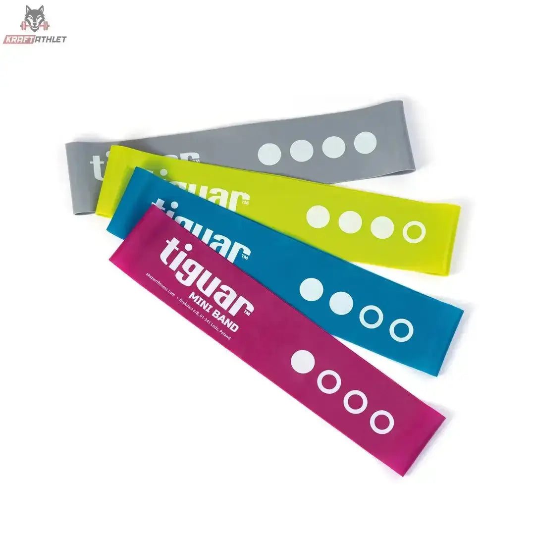 tiguar Mini Bands 4er-Set Widerstandsbänder aufgefächert, vier Bänder in Grau, Gelb, Blau und Magenta
