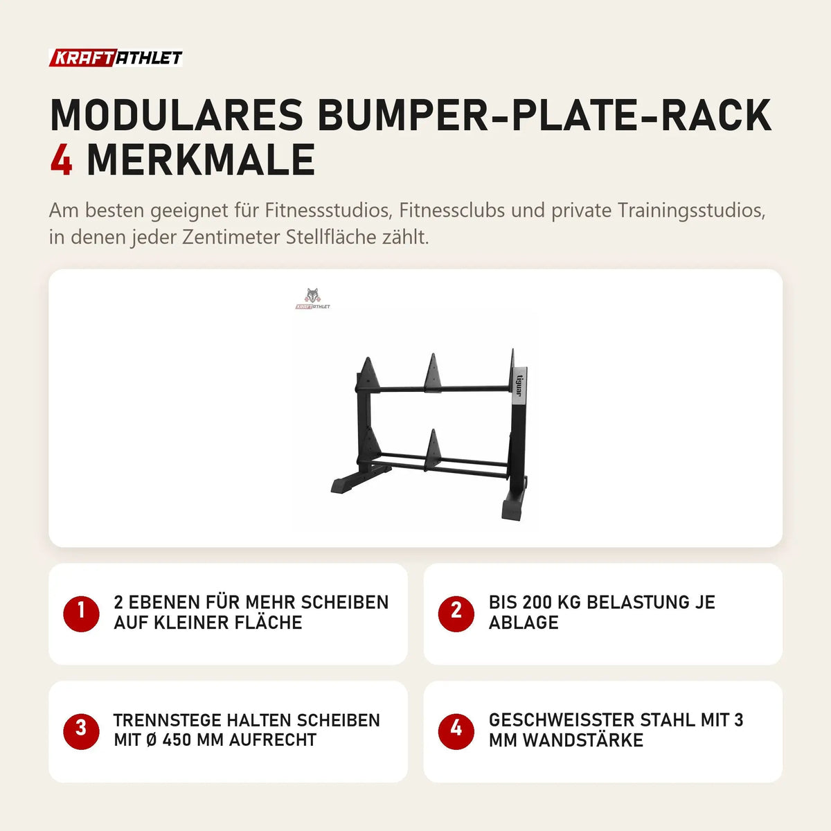 tiguar Modulares Bumper-Plate-Rack mit 4 Merkmalen: 2 Ebenen für mehr Scheiben auf kleiner Fläche, Bis 200 kg Belastung je Ablage, Trennstege halten Scheiben mit Ø 450 mm aufrecht, Geschweißter Stahl mit 3 mm Wandstärke