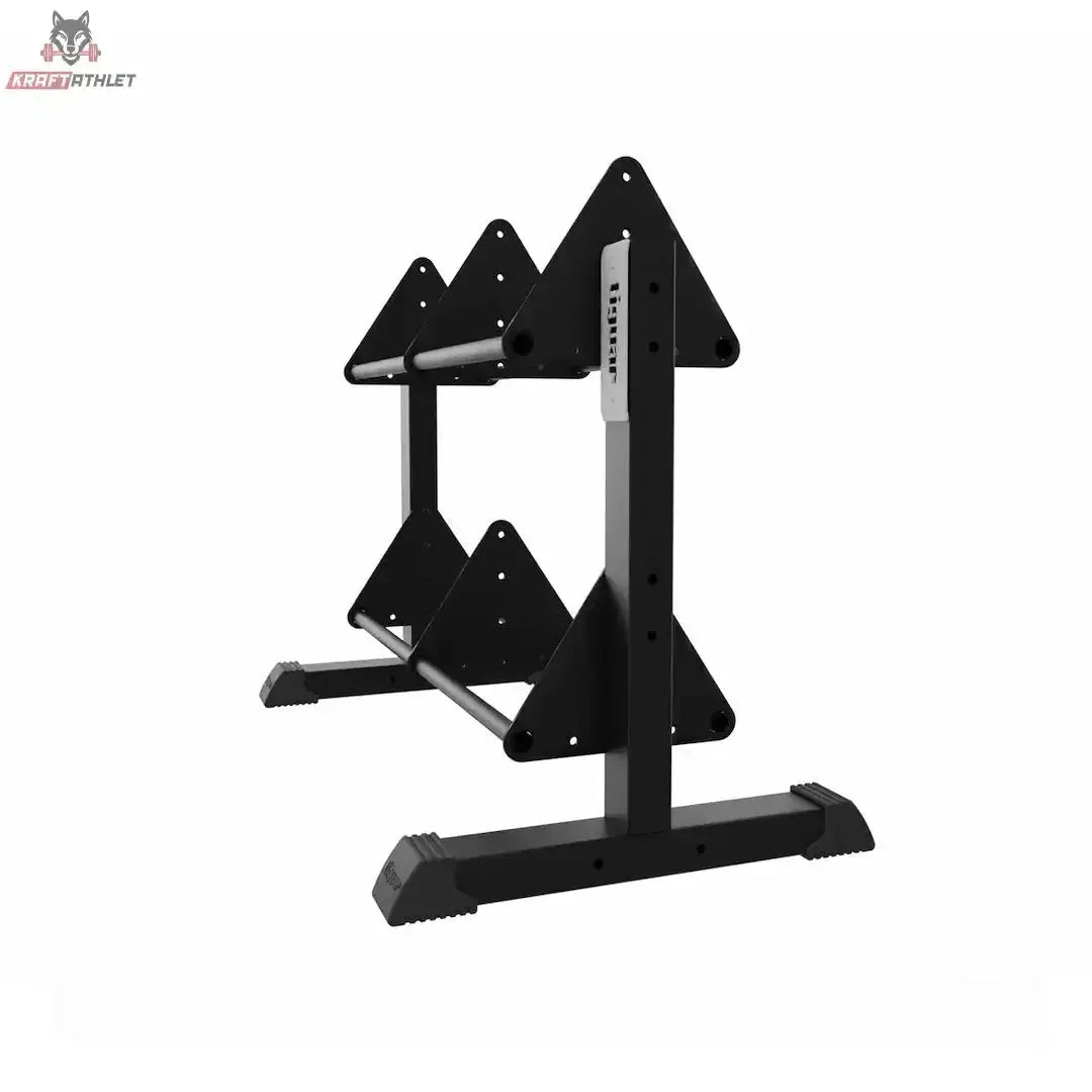 tiguar Modulares Bumper-Plate-Rack in Schwarz, Seitenansicht mit dreieckigen Ablagen auf zwei Ebenen