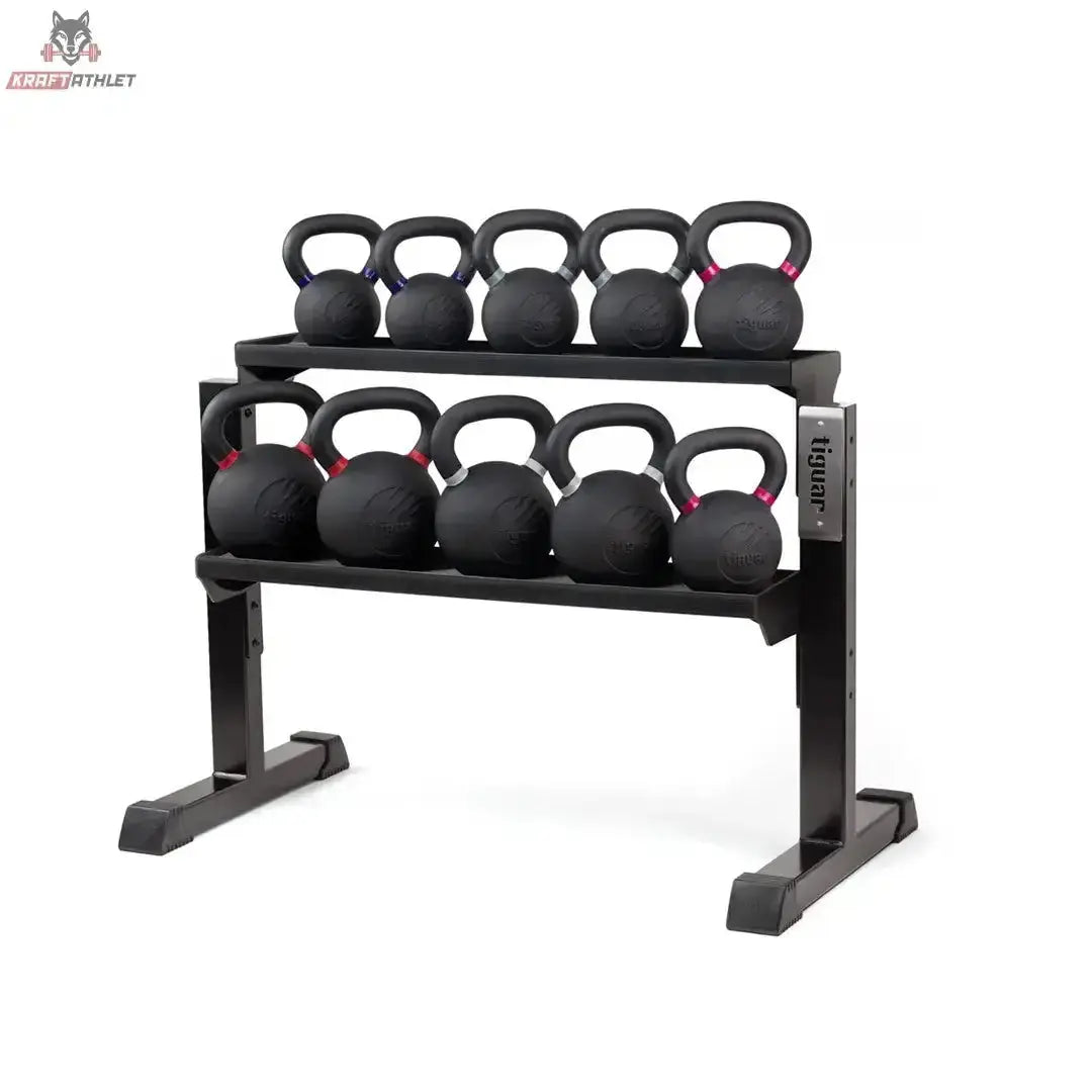 tiguar Modulares Kettlebell-Rack mit zwei Ablagen voller schwarzer Kettlebells in Schrägansicht