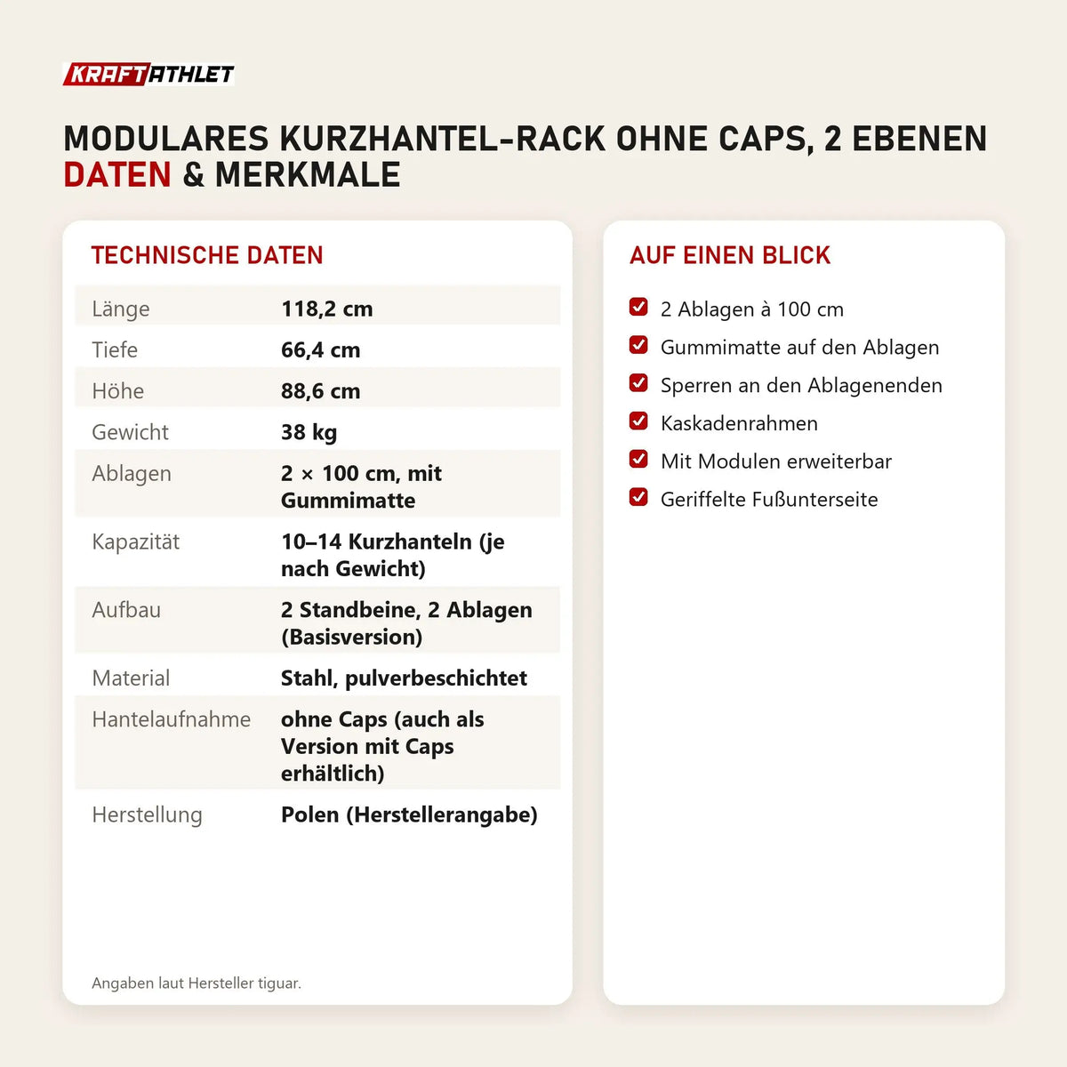 Technische Daten und Merkmale von tiguar Modulares Kurzhantel-Rack ohne Caps, 2 Ebenen als Tabelle