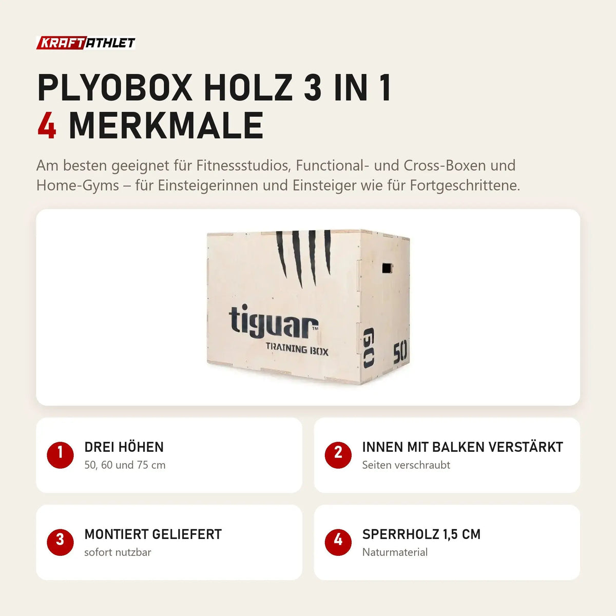tiguar Plyobox Holz 3 in 1 mit 4 Merkmalen: Drei Höhen, Innen mit Balken verstärkt, Montiert geliefert, Sperrholz 1,5 cm