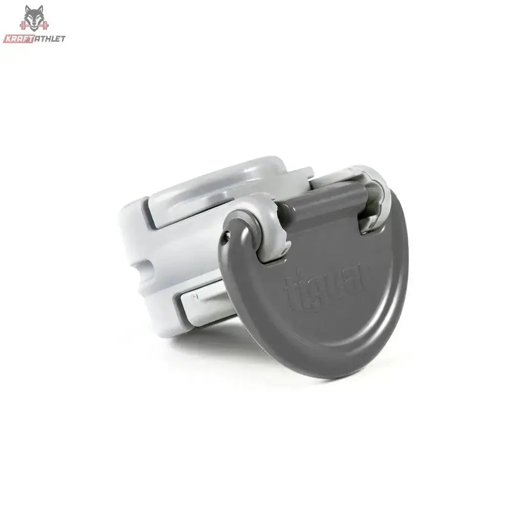 tiguar Power Gym Butterfly Klemmringe 28 mm (Paar) in Grau, Schrägansicht eines Rings mit Klapphebel