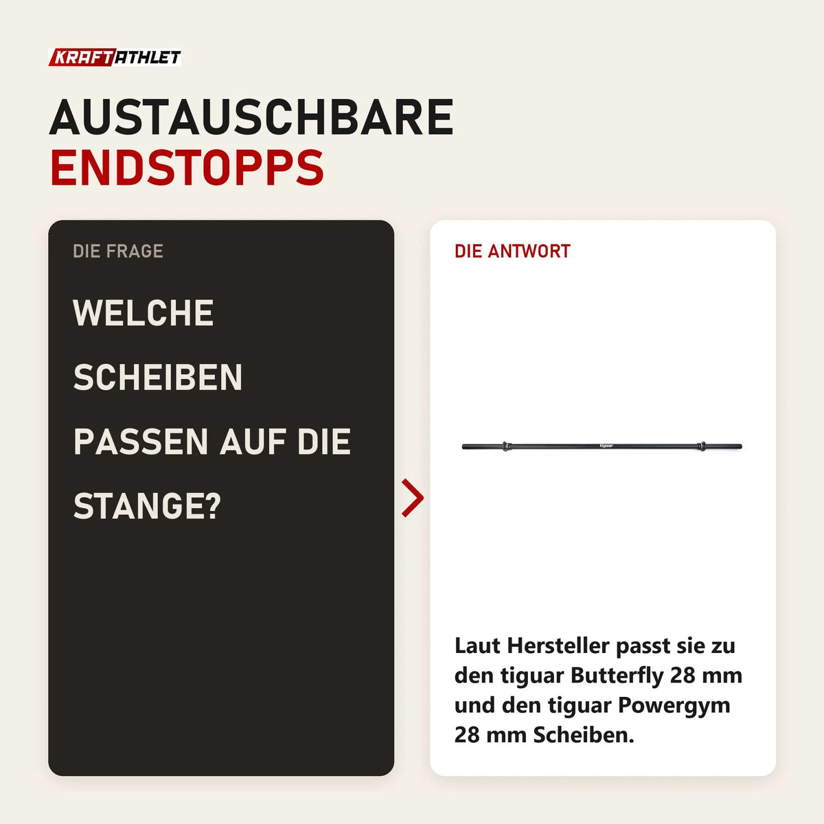 Frage und Antwort zu tiguar Power Gym Hantelstange 28 mm V2: Welche Scheiben passen auf die Stange?