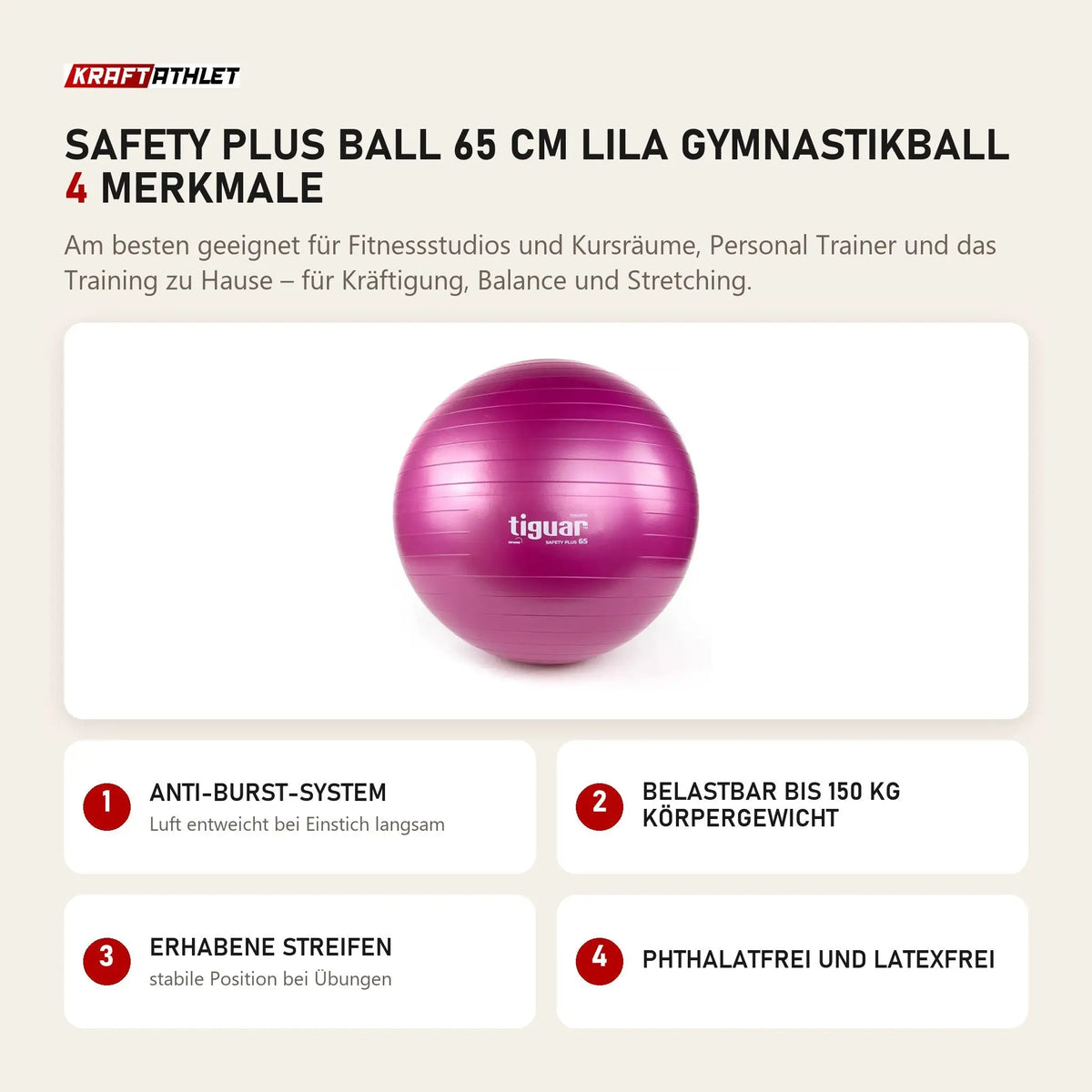 tiguar Safety Plus Ball 65 cm Lila Gymnastikball mit 4 Merkmalen: Anti-Burst-System, Belastbar bis 150 kg Körpergewicht, Erhabene Streifen, Phthalatfrei und latexfrei