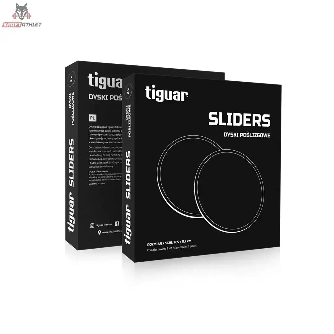 tiguar Sliders in der schwarzen Verpackung, Vorder- und Seitenansicht der Schachtel auf weißem Hintergrund