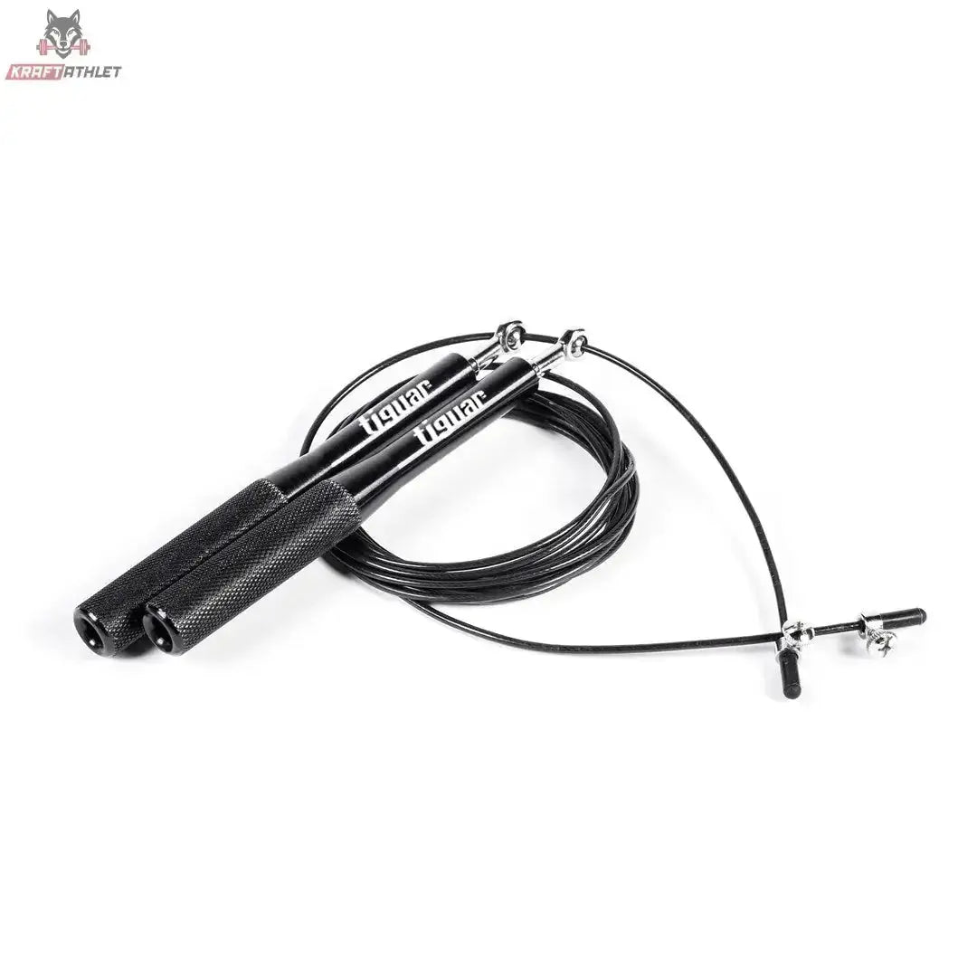 tiguar Speed Rope PRO in Schwarz, Springseil mit Metallgriffen und Stahlseil, Draufsicht auf weißem Hintergrund