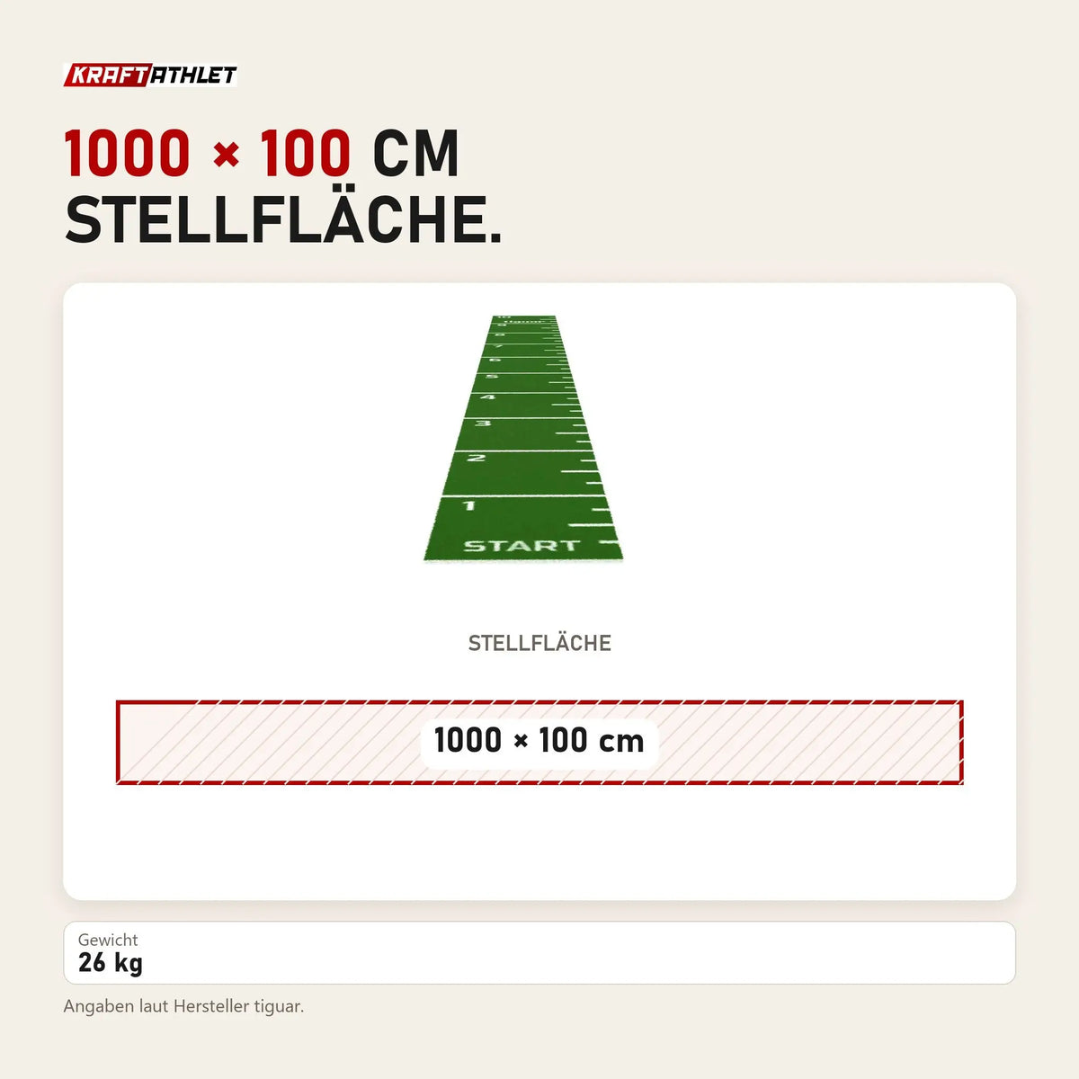 Maßbild tiguar Sprint Track 10 × 1 m grün: Stellfläche 1000 × 100 cm