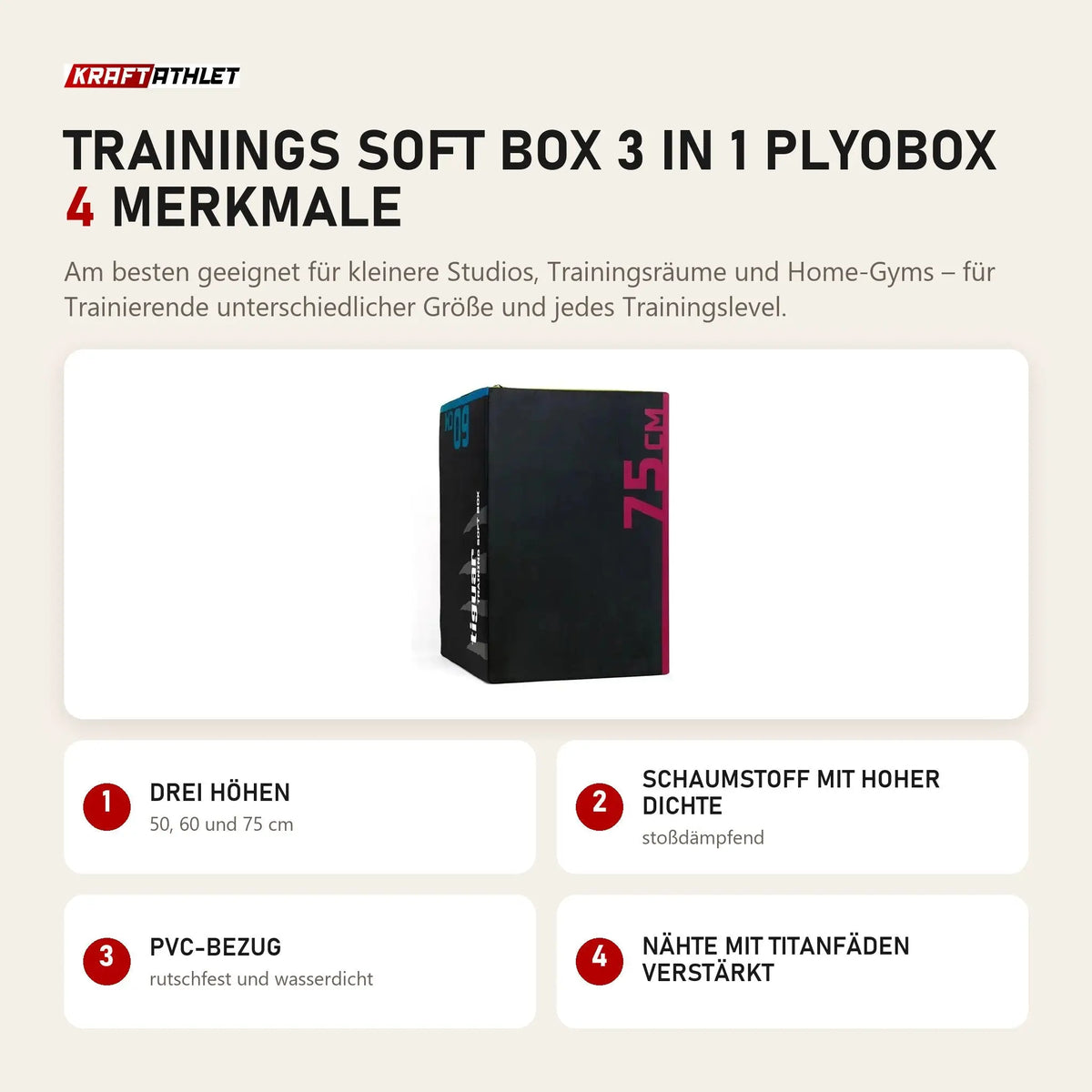 tiguar Trainings Soft Box 3 in 1 Plyobox mit 4 Merkmalen: Drei Höhen, Schaumstoff mit hoher Dichte, PVC-Bezug, Nähte mit Titanfäden verstärkt