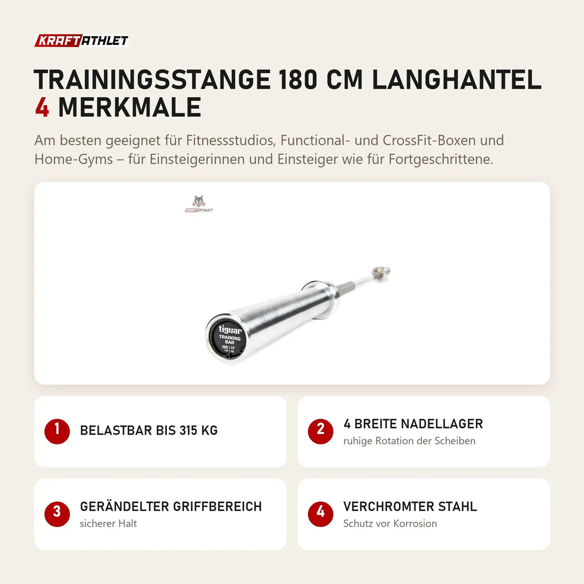 tiguar Trainingsstange 180 cm Langhantel mit 4 Merkmalen: Belastbar bis 315 kg, 4 breite Nadellager, Gerändelter Griffbereich, Verchromter Stahl