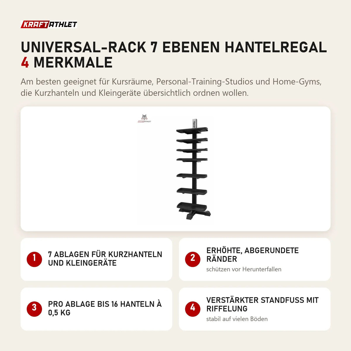tiguar Universal-Rack 7 Ebenen Hantelregal mit 4 Merkmalen: 7 Ablagen für Kurzhanteln und Kleingeräte, Erhöhte, abgerundete Ränder, Pro Ablage bis 16 Hanteln à 0,5 kg, Verstärkter Standfuß mit Riffelung