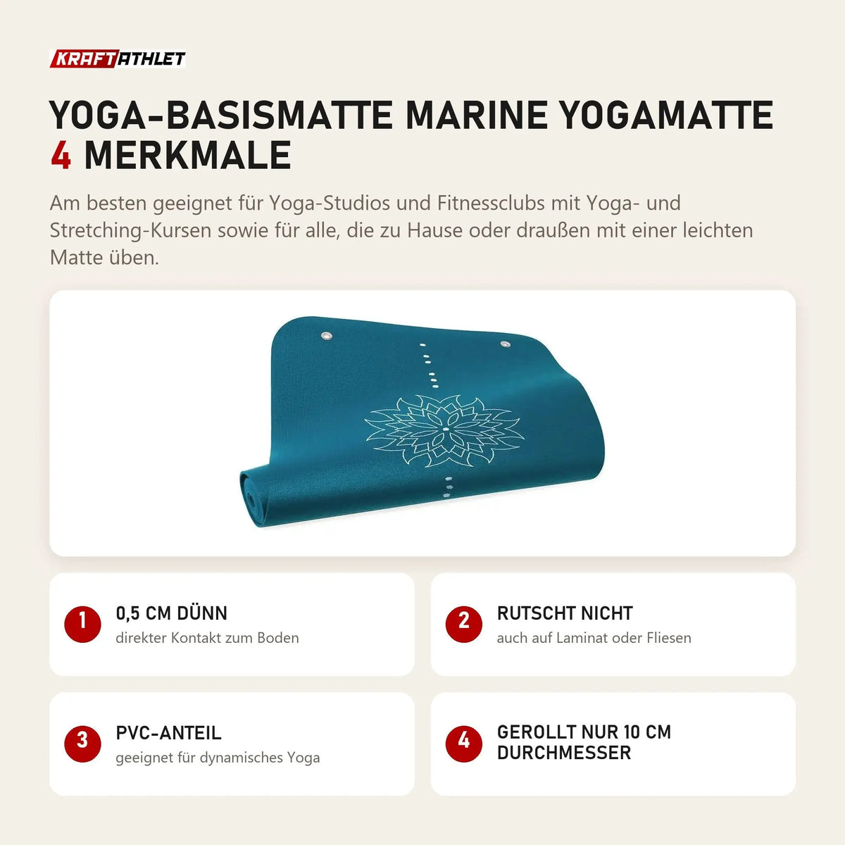 tiguar Yoga-Basismatte Marine Yogamatte mit 4 Merkmalen: 0,5 cm dünn, Rutscht nicht, PVC-Anteil, Gerollt nur 10 cm Durchmesser